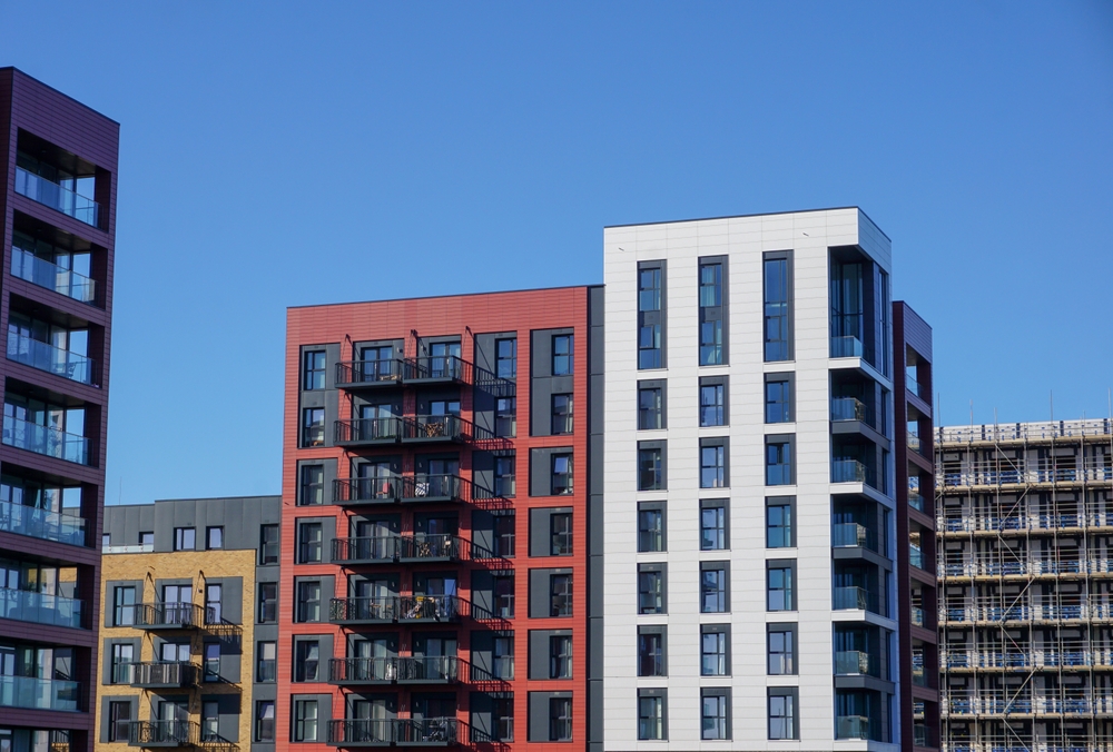 new residential development, exterior of high rise flats in UK city